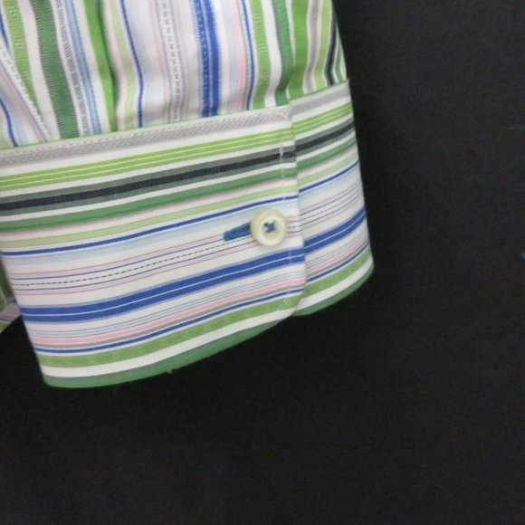 Thomas Dean Blue Green Stripe Flip Cuff Shirt XL - Picture 5 of 8